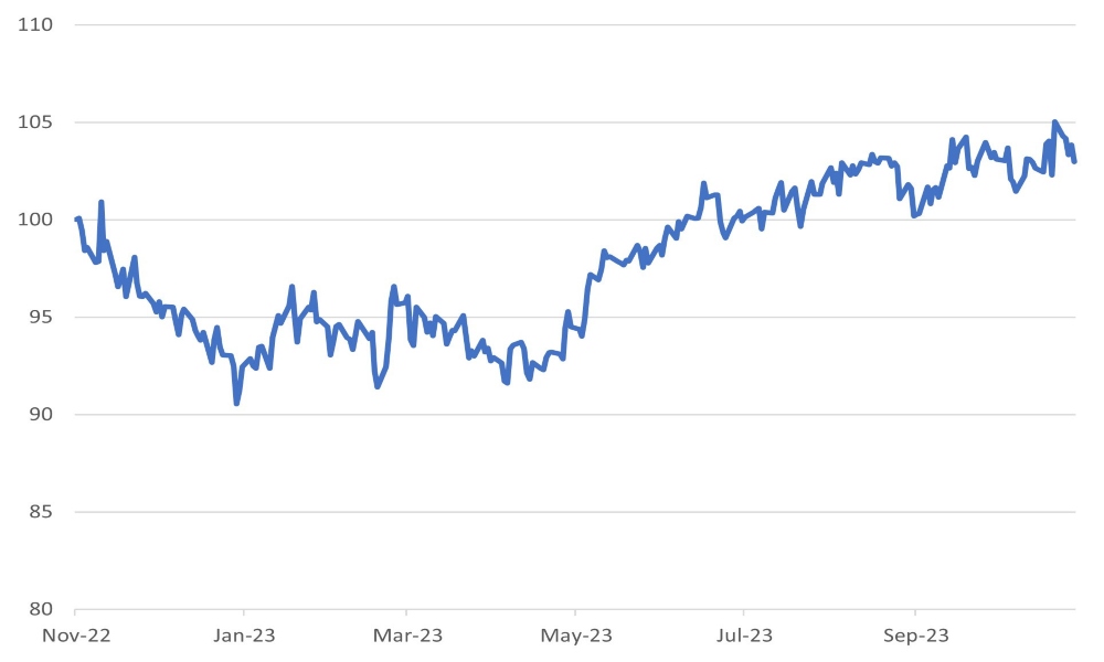 MSCI USA relative to the MSCI World ex USA (rebased to -1Y =100)