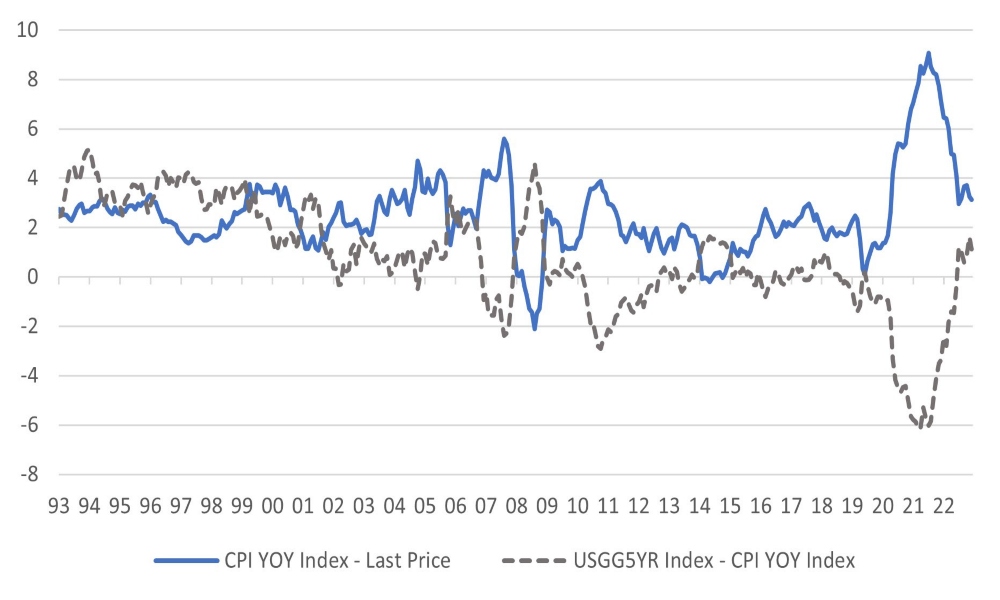 Real US 5-year government bond yield and inflation